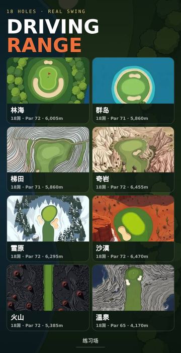 Driving Range - Choosing a course: every card shows 18 holes, par and length