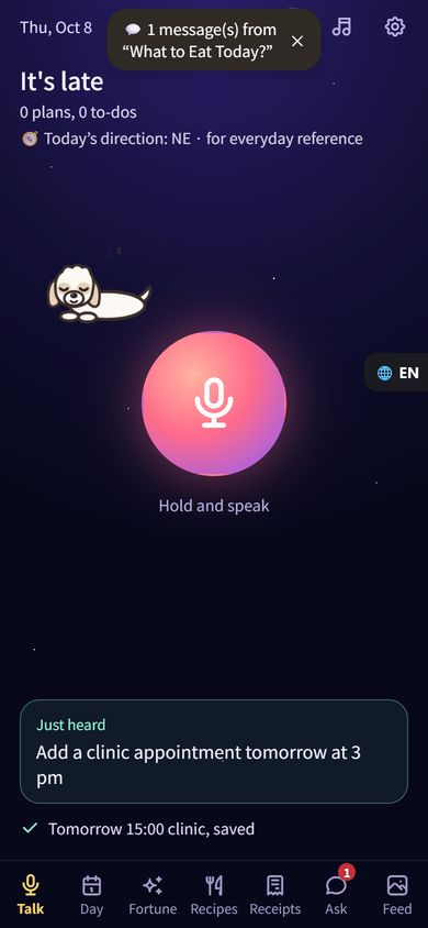 What to Eat Today? - First screen: hold the button and say your plan