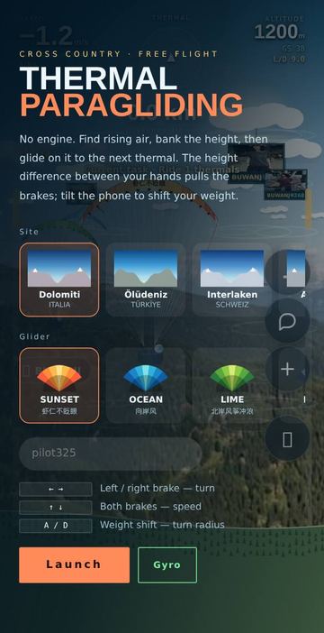 Thermal Paragliding - Choose a site and a glider, then Launch