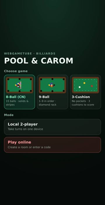Pool & Carom - Three games: Chinese 8-ball, 9-ball and three-cushion